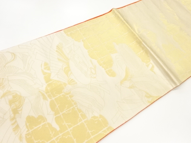  雲に人物・格子模様織出し丸帯